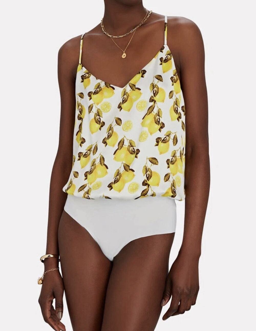 L'Agence Camisole Bodysuit Top Blouse Lemon Print Silk V-Neck Small